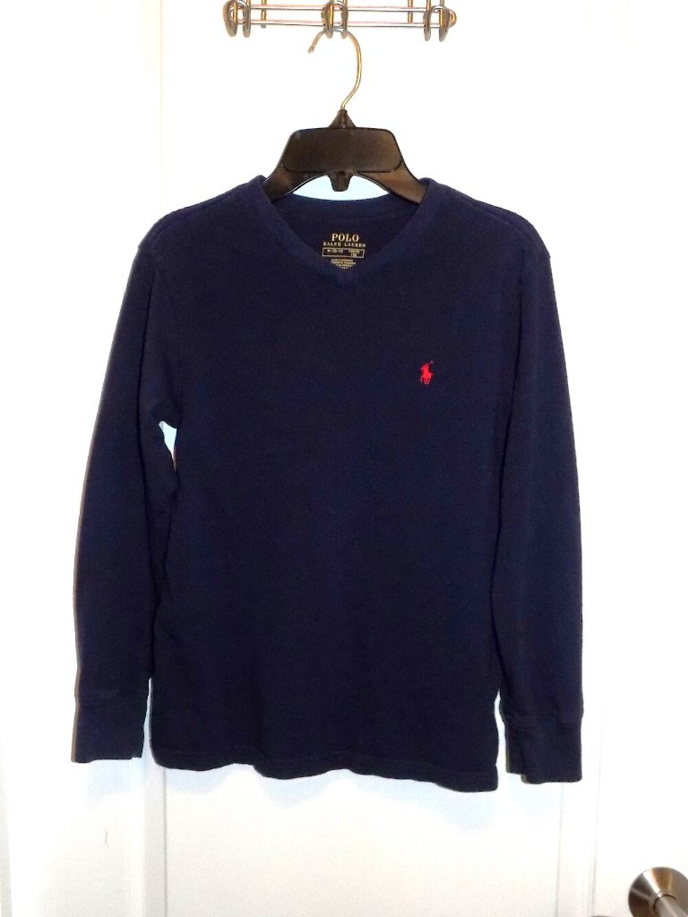 Boys Ralph Lauren POLO Navy Blue Vneck Long-sleeve Tshirt Sz 10-12 Like new